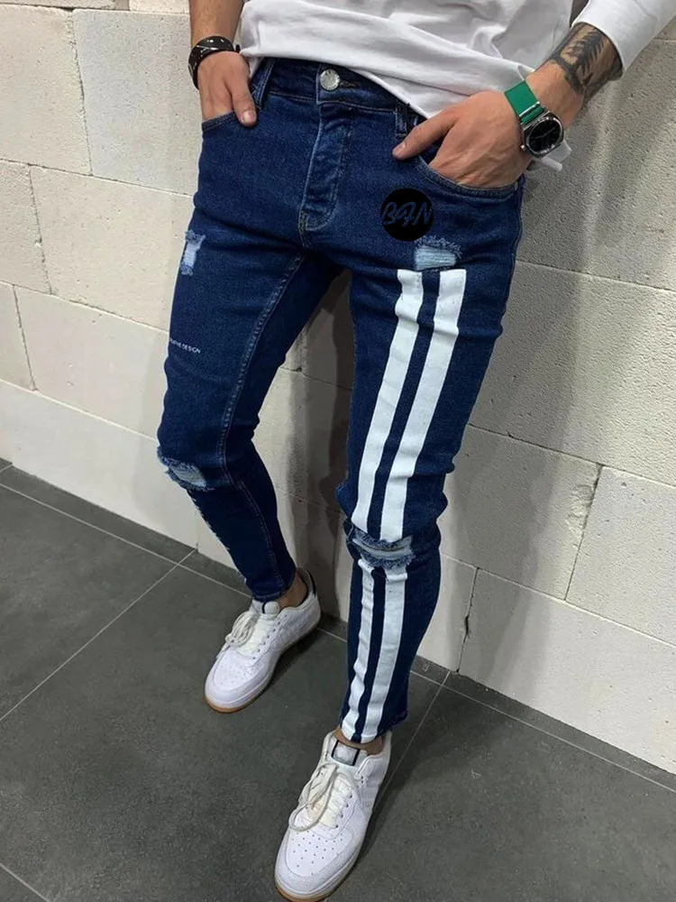 

Biker Ripped Jeans Men Skinny Striped Zipper Denim Hole Wash Vintage Hip Hop Work Trousers Slim Printed Jeans