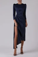 2022 new dark blue dress for women round collar long sleeve sexy side slit office lady intellectual chic evening dresses