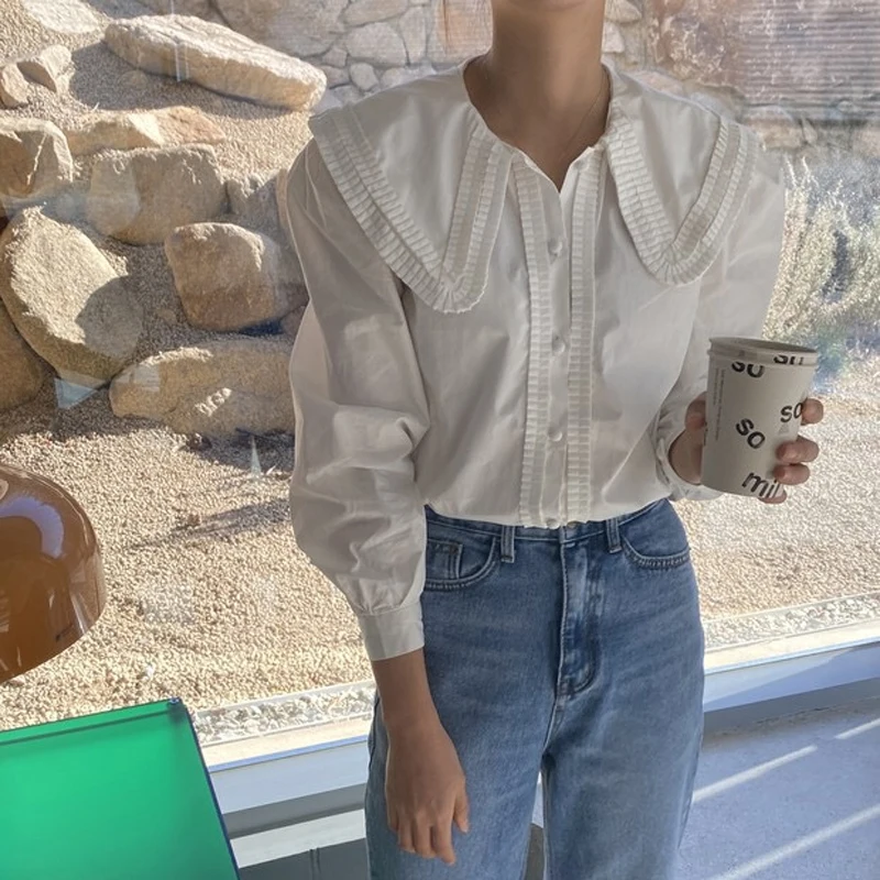 2021 рубашка с отложным воротником и рукавами-фонариками Женская однотонная
