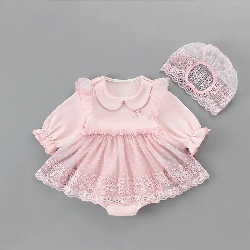 

Baby Girls Clothes Autumn Bodysuits Infant Baby Girls Christening Baptism Party Princess Dress+Lace Hat 2pcs/set Pink 0-2Y