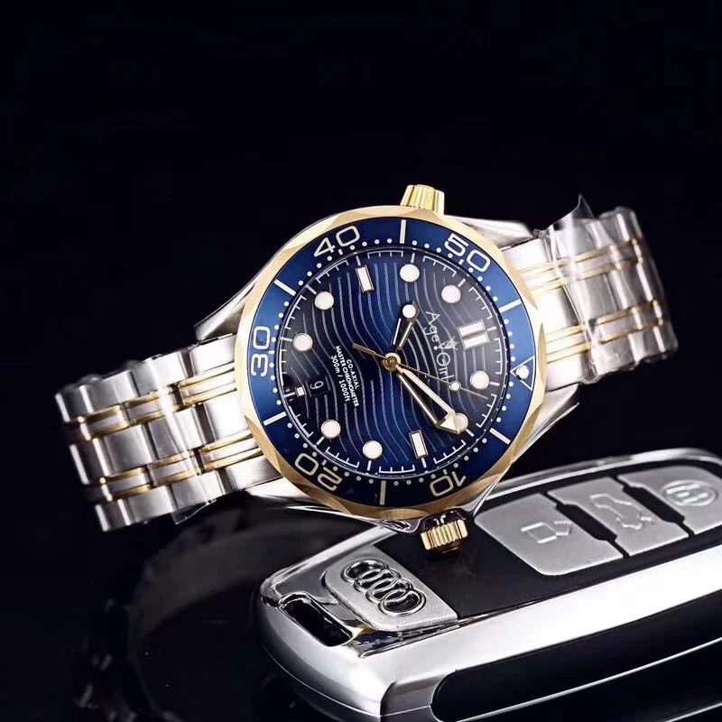 Blue Yellow Gold Роскошные брендовые Новые Мужские автоматические механические часы серебристого, черного, синего цвета James Bond 007 керамическое сапфировое стекло сзади Спортивные розовое золото AAA - Цвет: Blue Yellow Gold