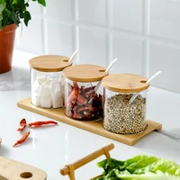 bamboo seasoning pot japanese kitchen transparent glass jar kitchen household condiment box with spoon set