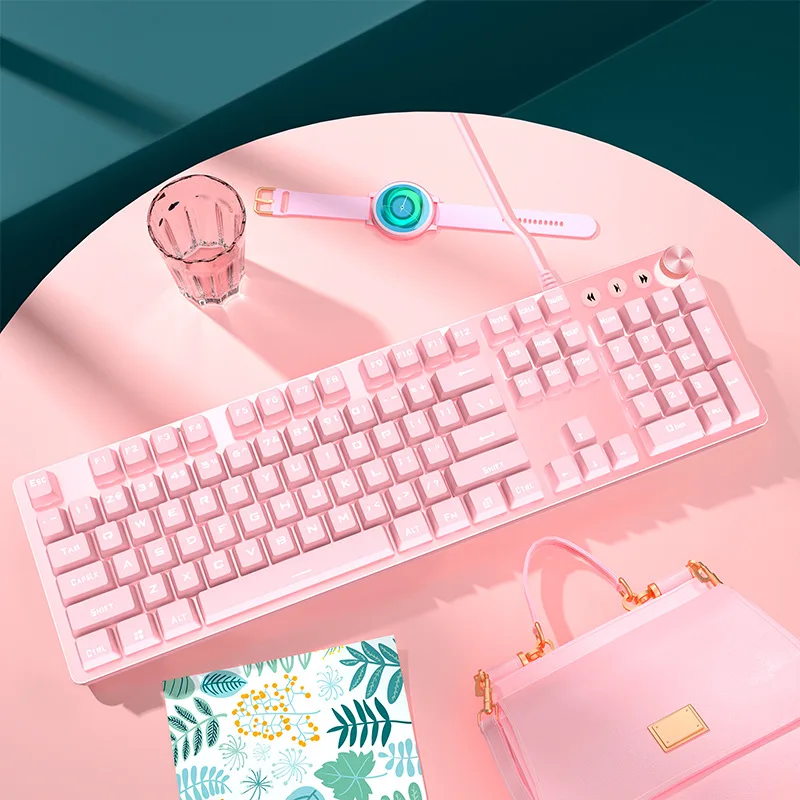 Pink cute girl mechanical keyboard wired computer retro gaming keyboard home