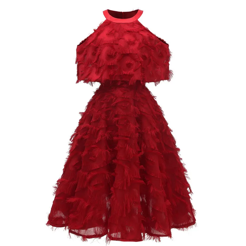 Коктейльные платья-трапеции бордового цвета с кисточками Новое поступление 2019