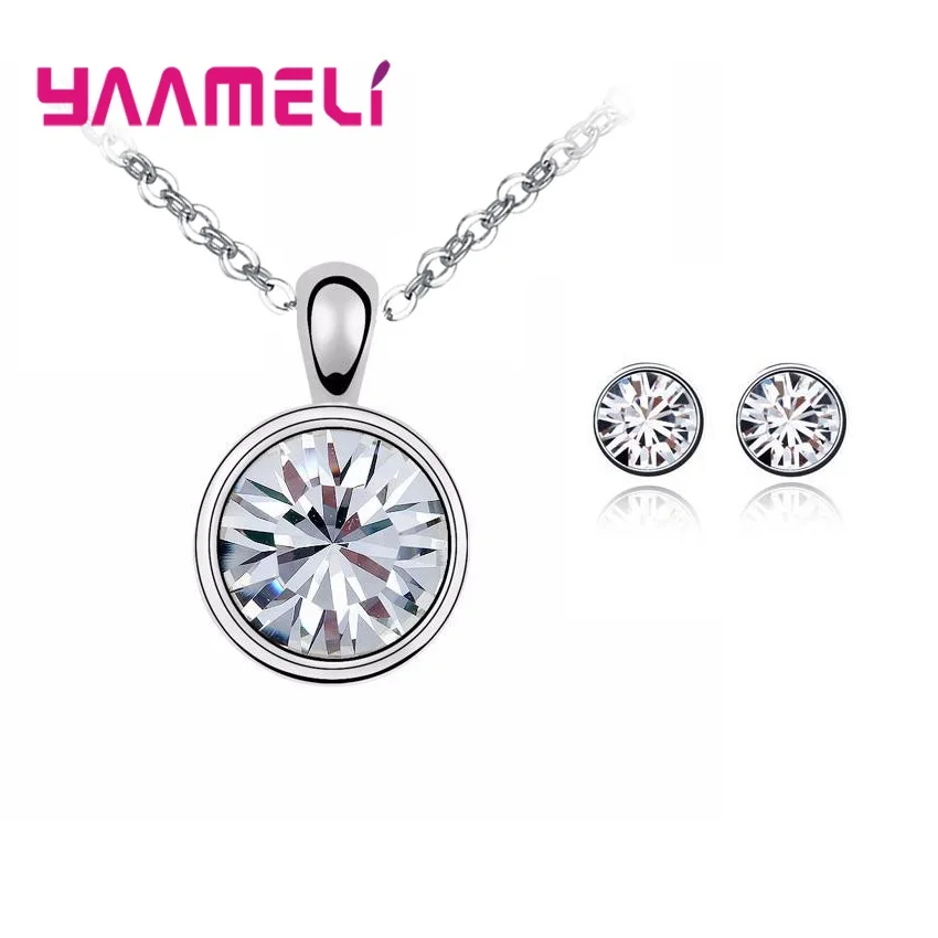 

925 Sterling Silver Necklace Earrings Set Classic Simple Style Round Crystal Stone Valentine's Day Surprise For Women