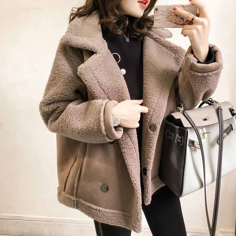 

Women's Winter Jacket Fashion Lamb Wool Coat BF Wind Motorcycle Jacket Thick Loose Standard Women's Jacket Female Clothing