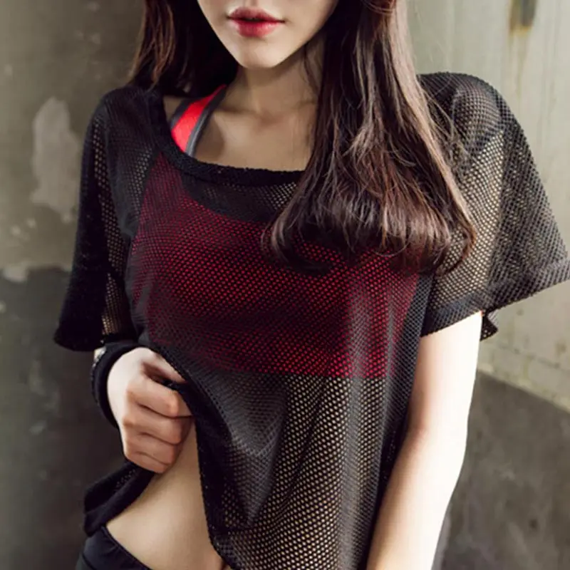 Горячая Летняя женская футболка с коротким рукавом и сеткой для йоги