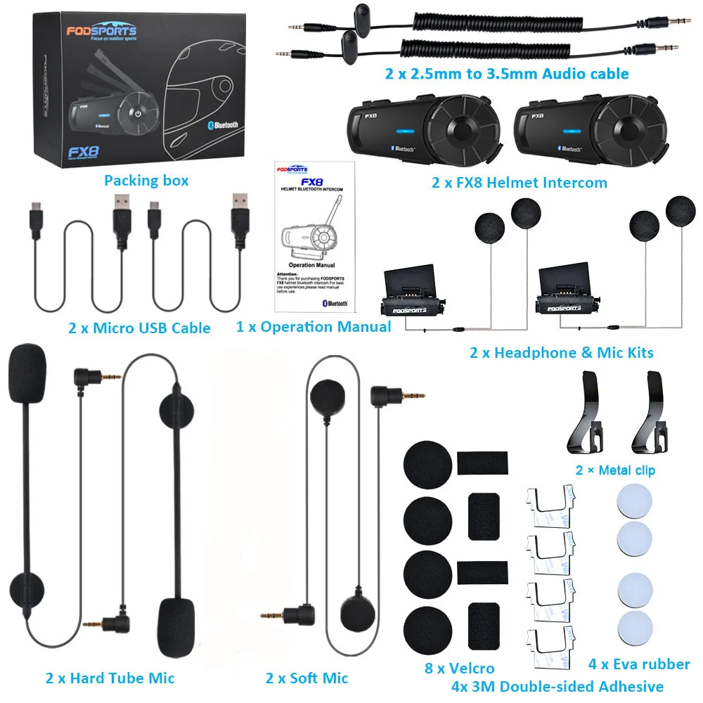 2 шт. Fodsport FX8 мотоциклетный шлем гарнитура 8 Rider Group Talk 1000 м Bluetooth Мото домофон беспроводной BT переговорные с FM