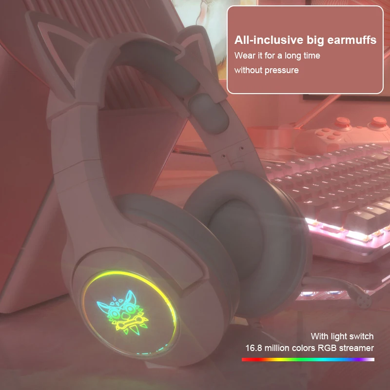

K9 Pink Cat Ear Cute Girl Gaming Headset With Mic Noise Reduction HiFi 7.1 Channel RGB Light Wired Headphone Silicone