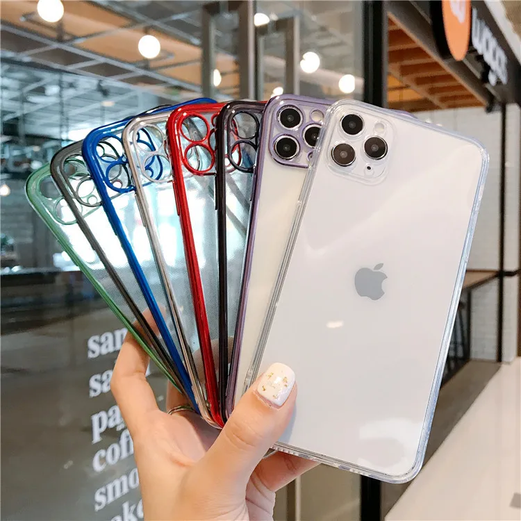 

100Pcs Square Electroplated Phone Case For iPhone 12 Mini 11 Pro XS Max XR X 7 8 6S Plus SE2020 Transparent Soft TPU Back Cover