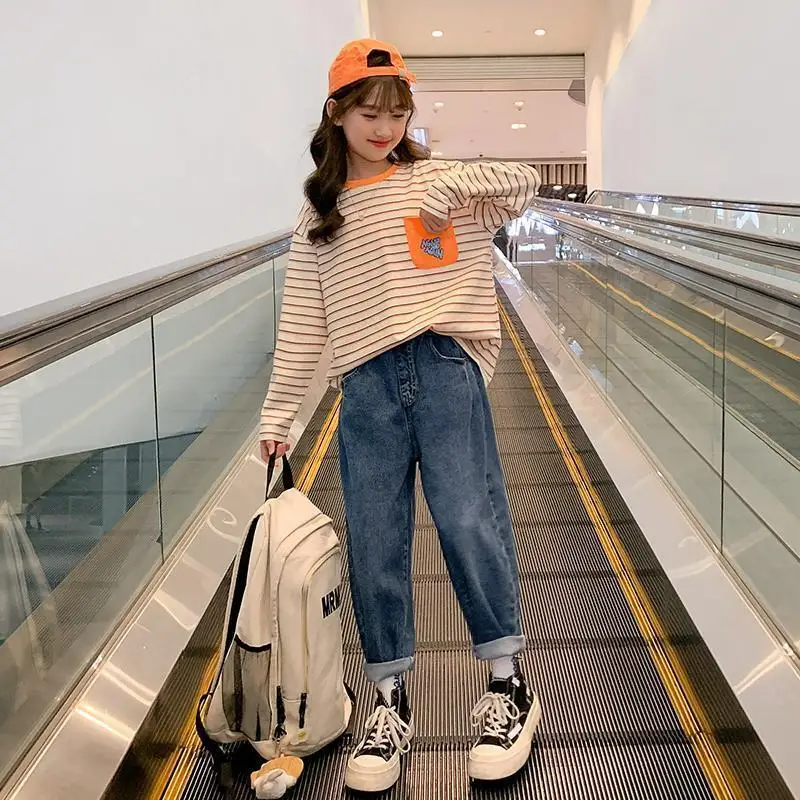 

Спортивный костюм для девочек, толстая кофта с капюшоном и спортивные штаны, в полоску, с бархатной подкладкой, для детей 5, 6, 7, 8, 9, 10, 11, 12, 14 ле...