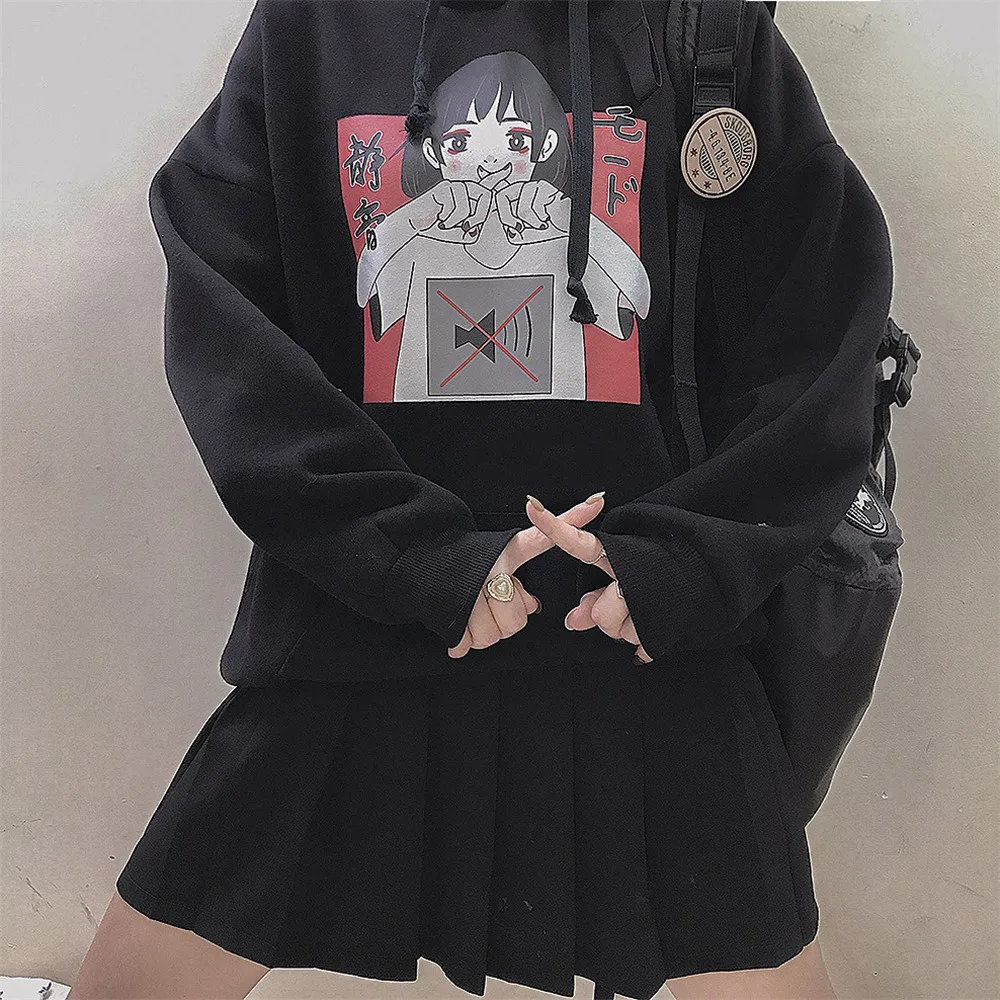 Black hoodies Harajuku Kawaii аниме девушка с капюшоном Толстовка японский Винтаж милый черный флис толстовка с рисунком женский объемный пуловер - Цвет: Black hoodies