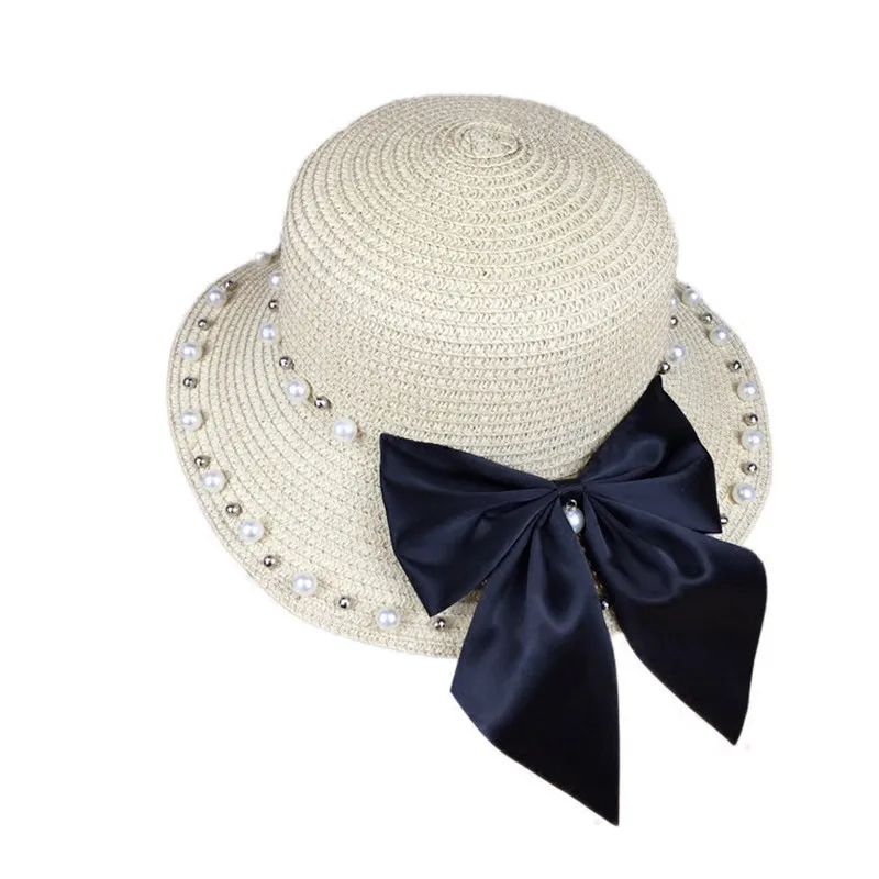 

2018 New Summer pearl beading Shading sun hat Lady beach hat vacation fashion girls wide brim straw hat