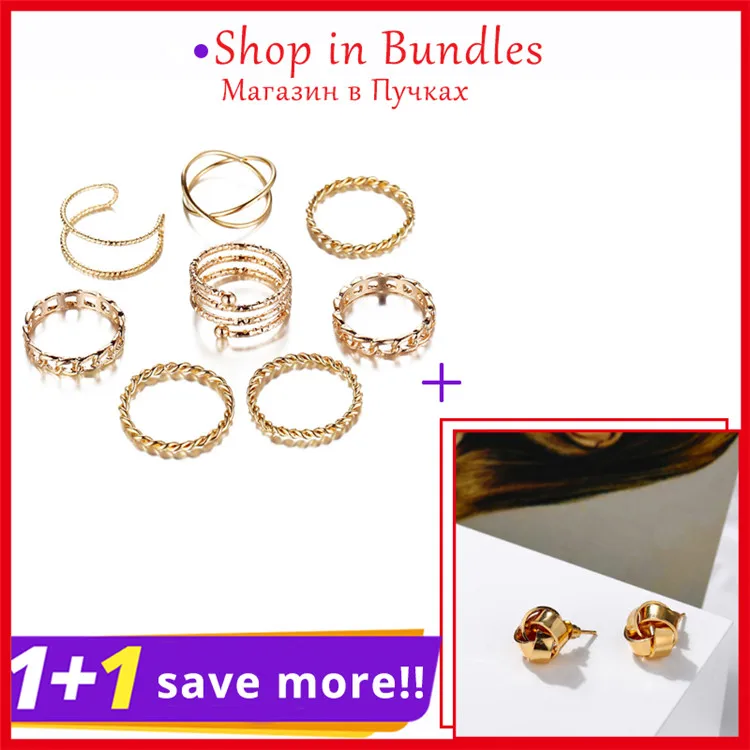 Shop In Bundles Мода золотого и серебряного цвета витой набор колец для Для женщин девочек Винтаж с украшением в виде кольца костяшки кольца 8 шт./компл. Женская обувь в стиле «панк», сделай сам, ювелирное изделие - Цвет основного камня: Shop In Bundles