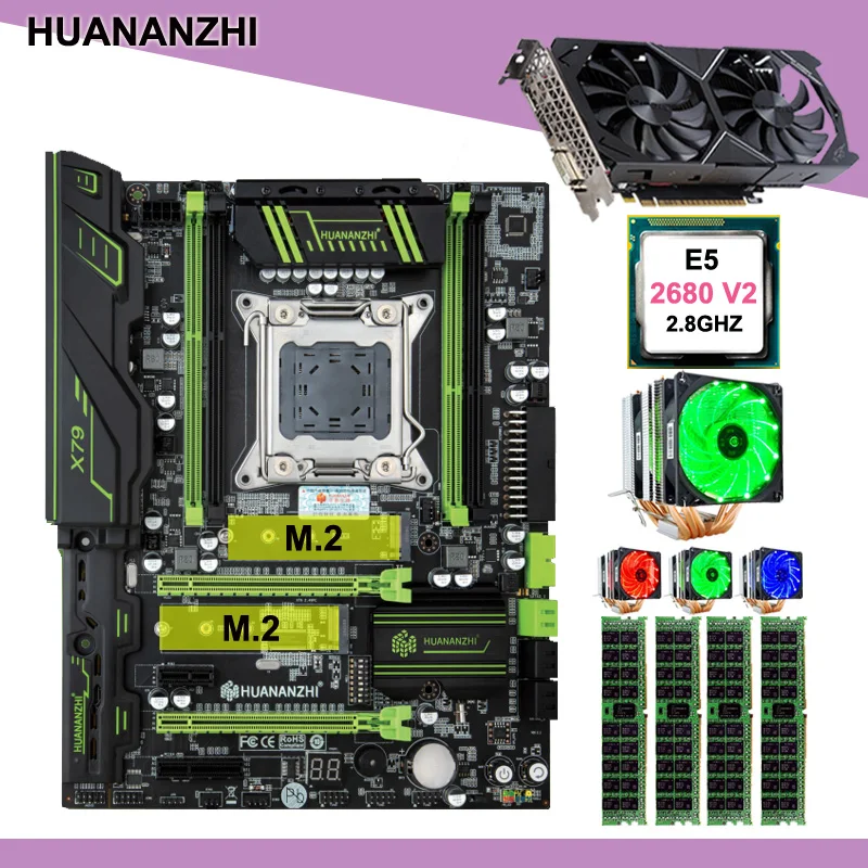 Online HUANANZHI X79 Super Gaming Motherboard Mit Xeon CPU E5 2680 V2 10 Kerne 6 Rohre Kühler RAM 32G RECC Video Karte GTX1050Ti 4G