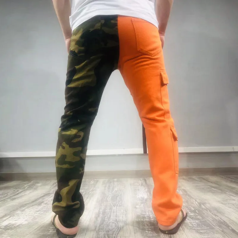 Men's Camouflage Hole Webbing Tooling 2023 Two-Color Stitching Personality  Washed Straight Denim Trousers Trend