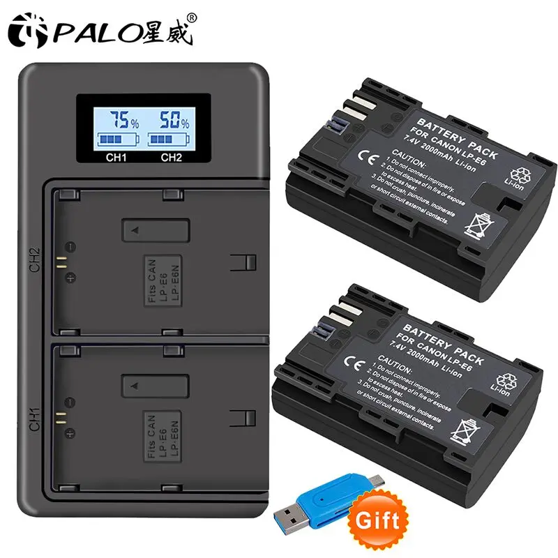 2x LP E6 LPE6 LP-E6 E6N батарея 2000 мАч+ ЖК двойное зарядное устройство для камеры Canon EOS 5DS R 5D Mark II 5D Mark III 6D 7D 80D EOS 5DS R