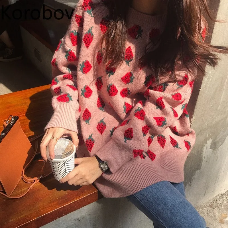 Korobov Korea Ulzzang Sweet Strawberry Print Knit Sweater Female Cute Casual Fashion O-neck Long Sleeve OverSize 79191 | Женская одежда