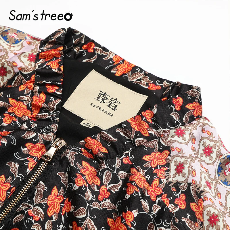 Samstree винтажное Женское пальто с цветочным принтом, осень, новая уличная мода, женские куртки, Повседневная Свободная одежда для офисных леди