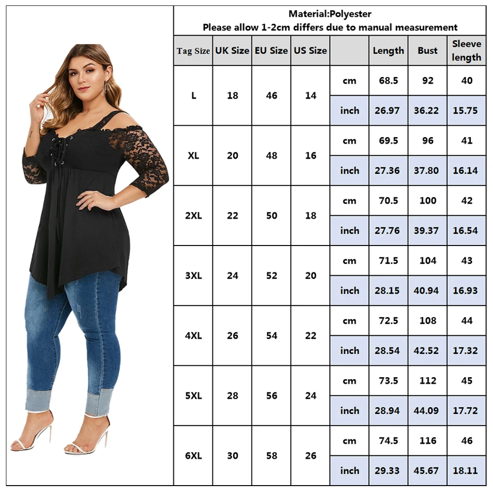 

6XL Plus Size Women Shirt Off Shoulder Ladies Tops Lace Long Sleeve Black Blouses Shirt Casual Irregular Streetwear femme D25