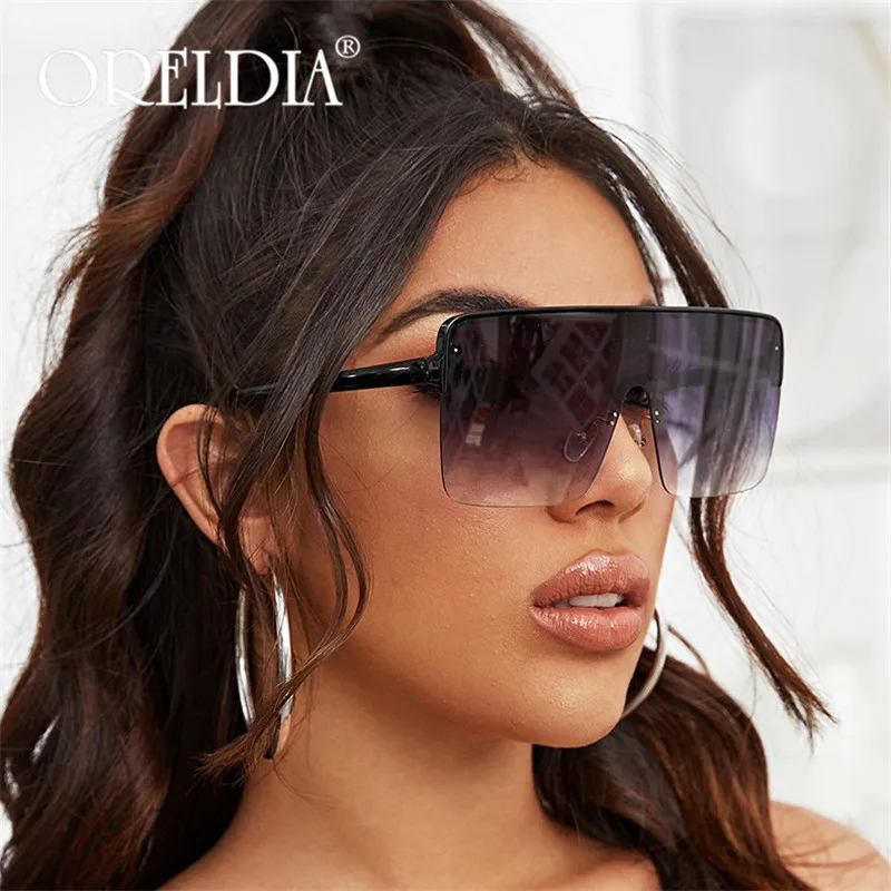 Oversized Rimless Sunglasses Women New Luxury Brand Square Sun Glasses Fashion Flat Top Color Clear Lens One Piece Men Gafas