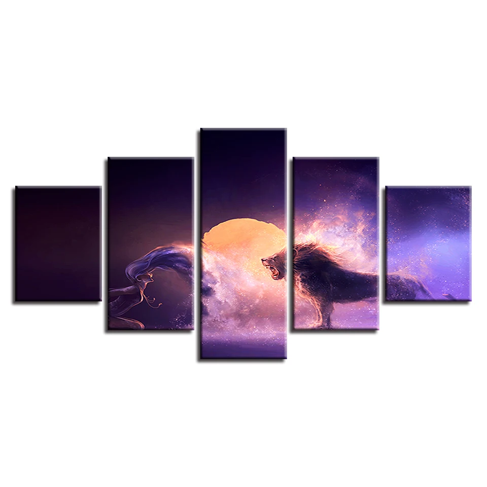 Декор стен комнаты художественные картины печатные 5 штук животные Лев и женщина