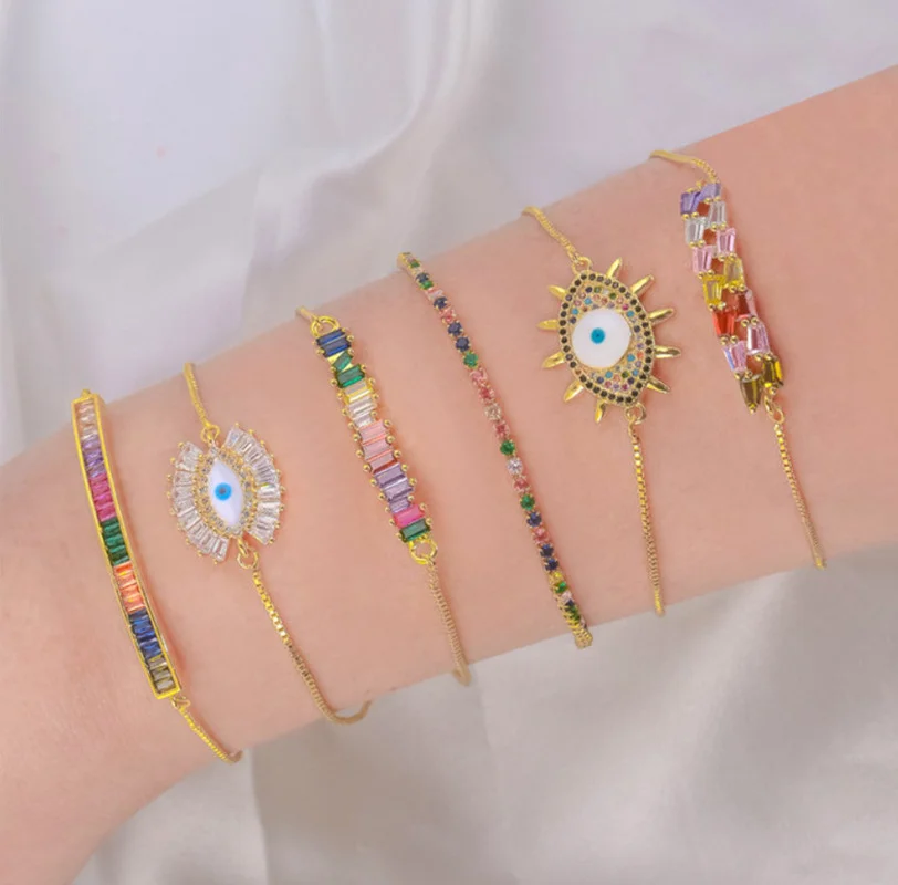 

Minar Delicate Multicolor CZ Zirconia Evil Eye Brass Gold Bracelet for Women Rainbow Geometric Elastic Charm Bracelets Gifts