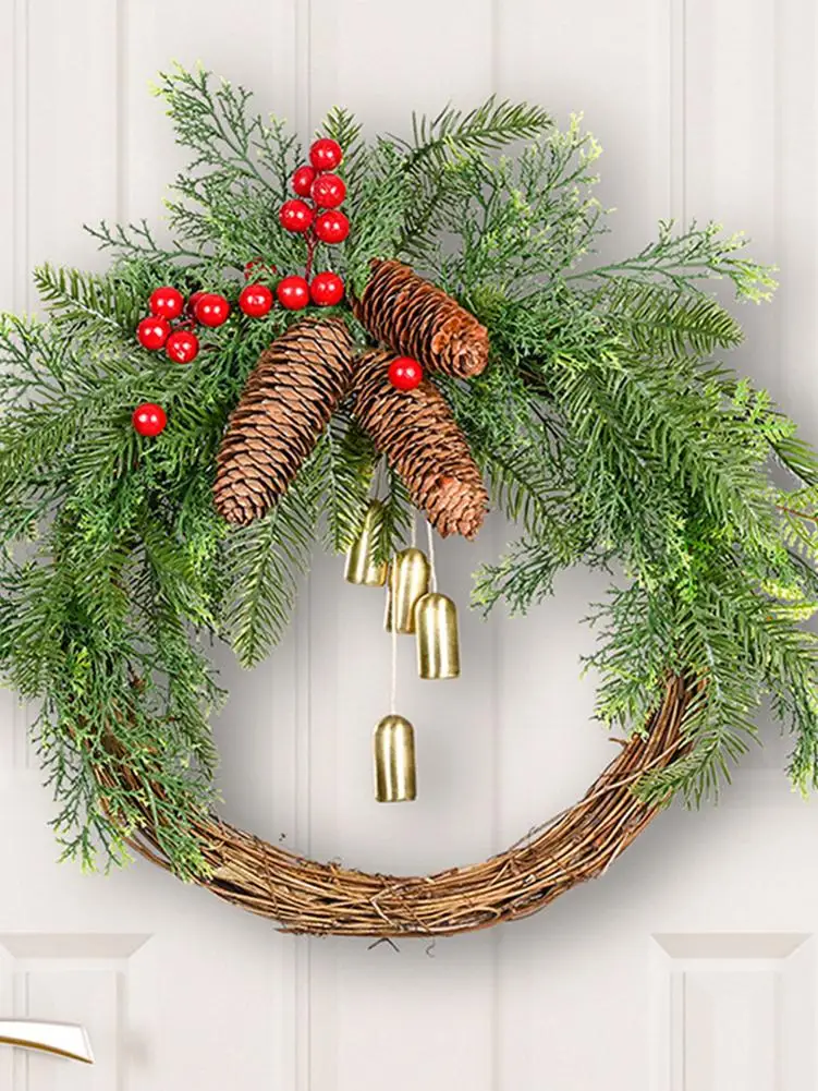 

Artificial Christmas Garlands Front Door Wreaths Christmas Wreath Decorated With Pine Cones Bell And Rattan For Wall Home De