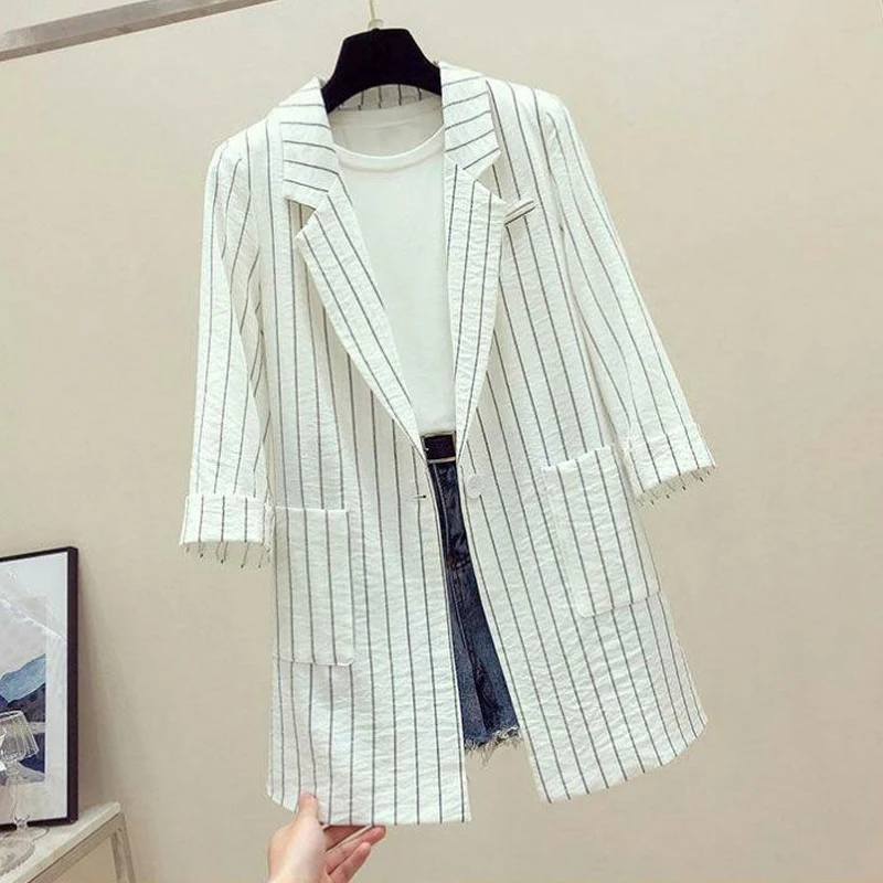 Весна/Лето 2020 НОВЫЙ свободный Британский полосатый Блейзер Солнцезащитная