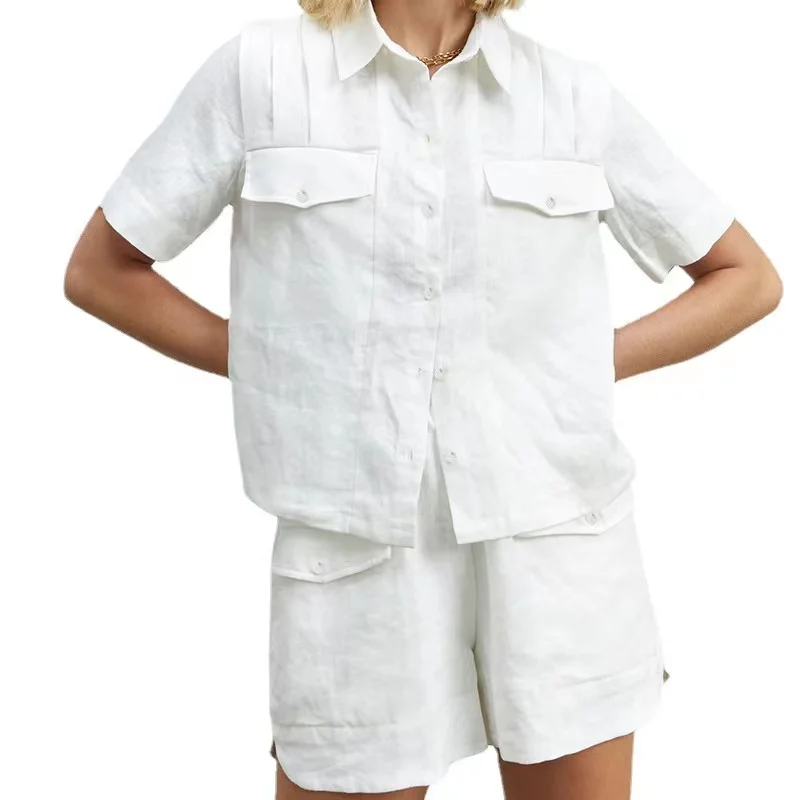 

Summer new short sleeve shirt wide leg pants two piece cotton linen women's casual chic shorts set