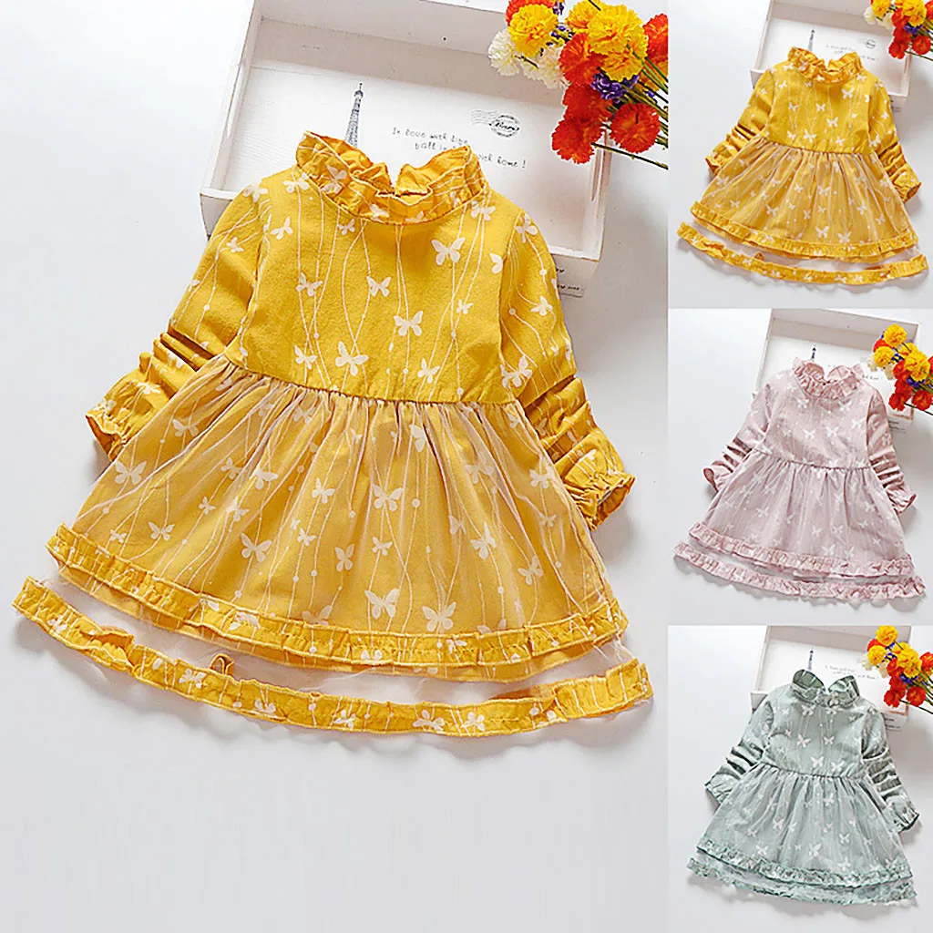 Baby Long Sleeves Lace Pure color Butterfly Pattern Children's Wear Dress Fashion O-neck Children Dresses For Wedding Party | Детская