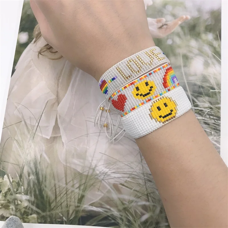 

BLUESTAR Rainbow Smiley Face Bracelets Miyuki Beaded Bracelet For Women Summer Beach Jewelry Best Friendship Gift Wholesale
