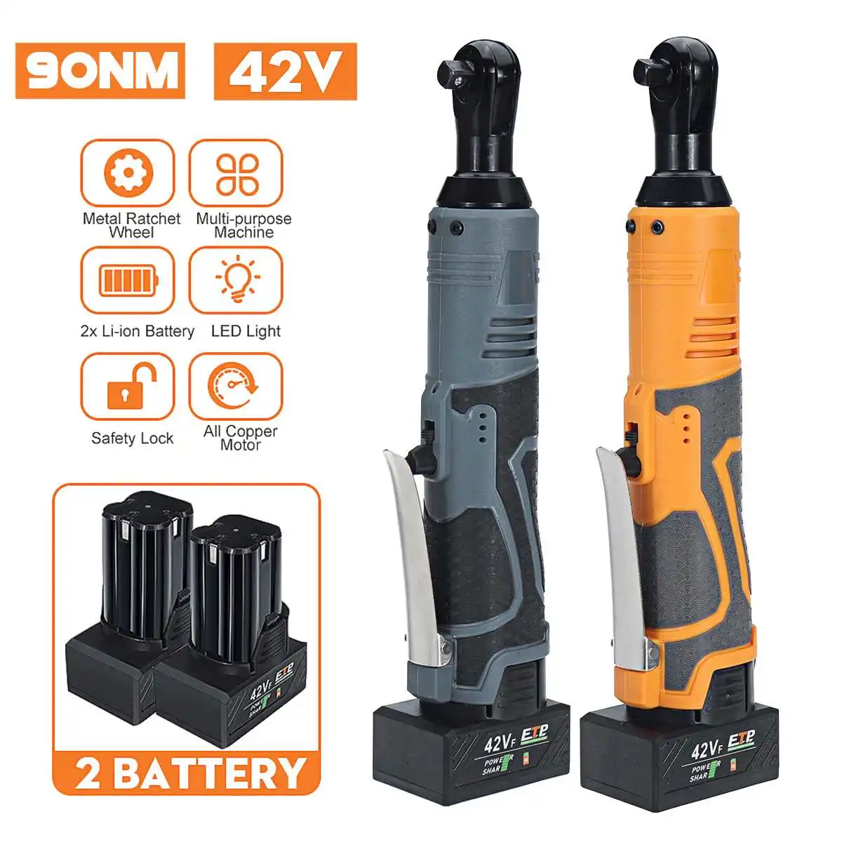

Electric Wrench 3/8" Cordless Ratchet 42V Rechargeable Scaffolding 90N.m Right Angle Wrench Tools with 2Pcs Battery Charger Kit