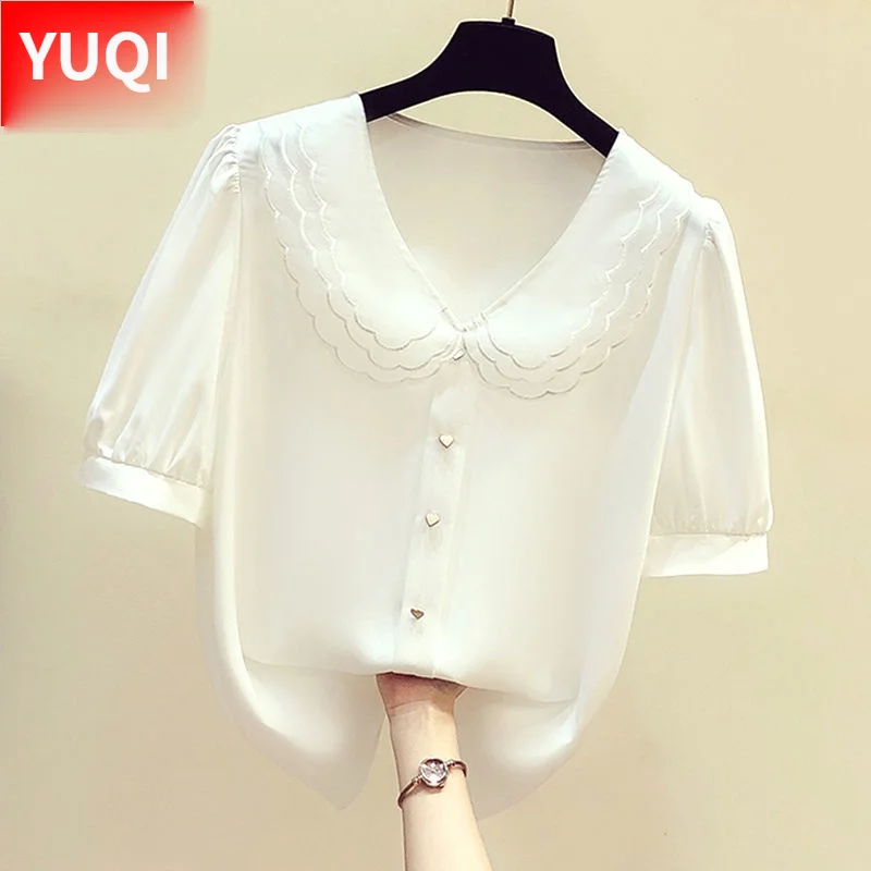 

Summer Women Shirts Elegant Peter Pan Collar Short Sleeves Blouse Tops Loose Solid Casual Lady Tops Plus Size Chiffon Blouses