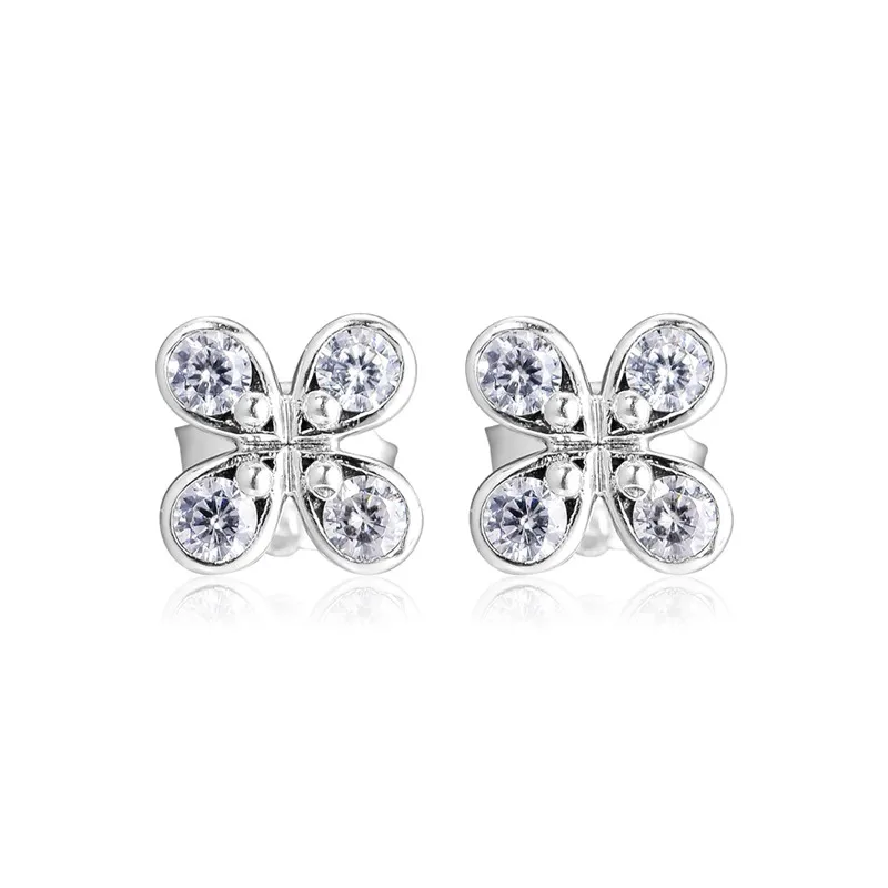 

925 Sterling Silver Earrings Jewelry Spring Four Petal Flowers Stud Earrings for Women Clear Crystal Small Earrings Girl Jewelry