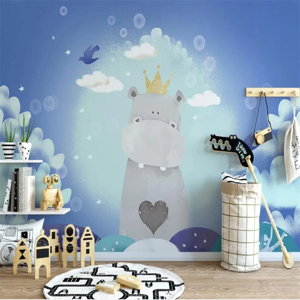 

Milofi custom 3D wallpaper mural Nordic hand-painted cartoon hippo children's room background wall for living room bedroom decor