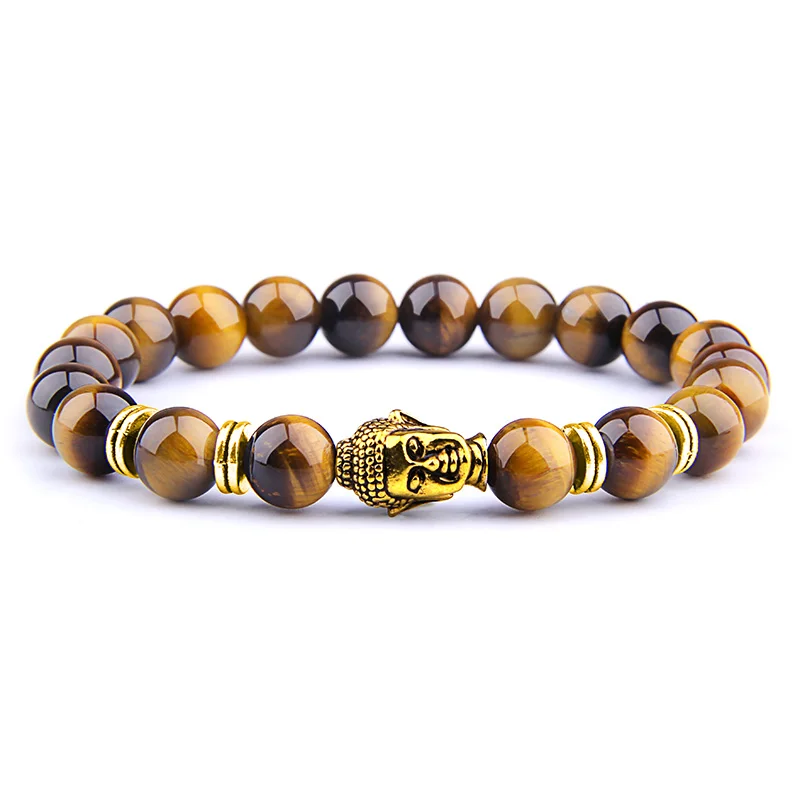 Fashion AAA Royal Blue Tiger Eye Men's Bracelet Beads Natural Stone Buddha Stretch Charm Bracelets for Women Men Jewelry - Окраска металла: Yellow Tiger-1