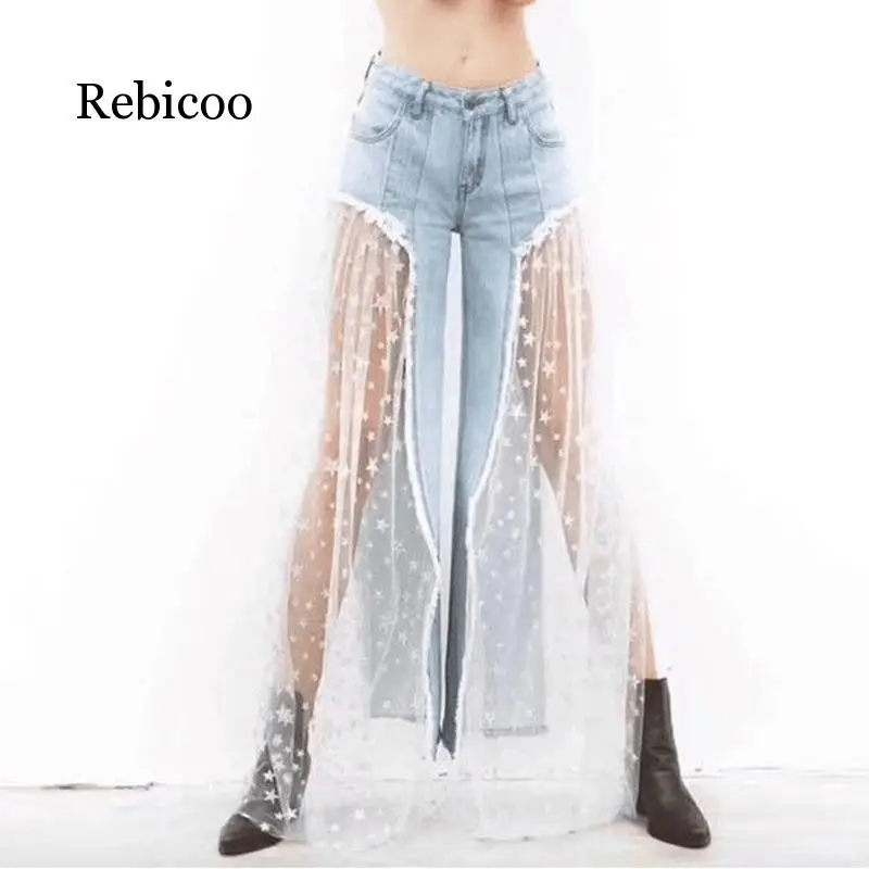 

Women Casual Ripped Mesh Denim Jeans Destroyed Split Joint Lace Tulle High Waist Pants Beach Jeans Trousers