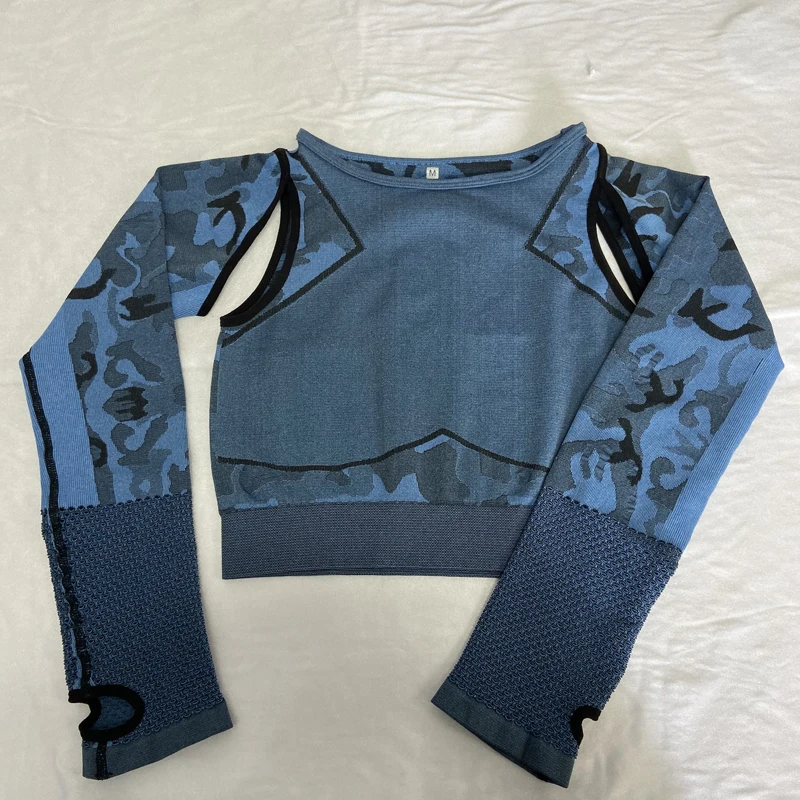 blue top Спортивный бесшовный комплект для занятий йогой, камуфляжная одежда для занятий спортом для спортивного зала, женские леггинсы, дышащий костюм для йоги с длинными рукавами, 2 шт - Цвет: blue top