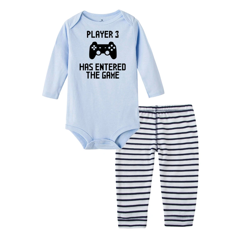 

Player 3 Has Entered The Game Baby Funny Suit Newborn Boys Girls Long Sleeve Romper Striped Pants 2pcs Sets 0-24M