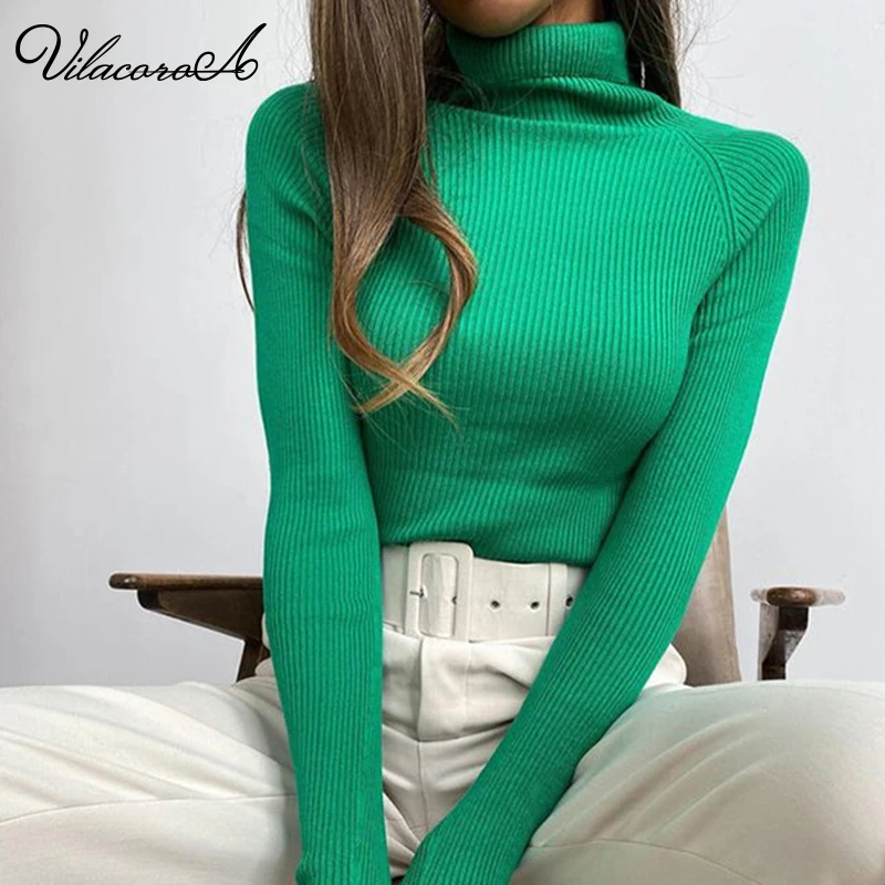 

Вязаная водолазка, женская футболка с длинным рукавом, зеленые топы, облегающая элегантная рубашка в стиле ретро, женская одежда, Весенняя Б...