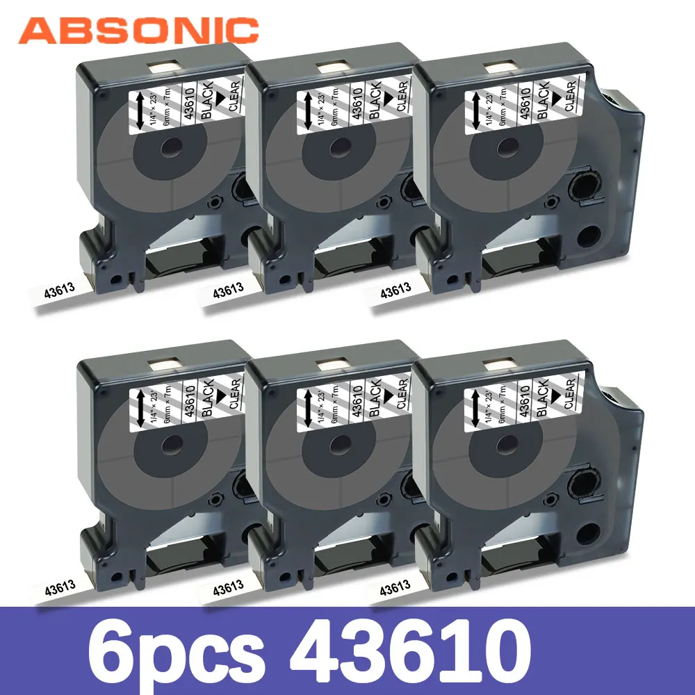 Ярлык Absonic 6PK 6 мм для Dymo D1 43610 черный на прозрачной ленте совместим с LabelManage 160 280