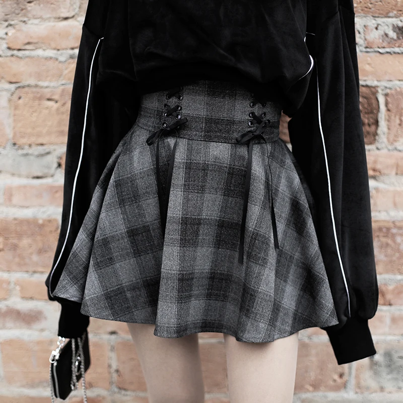 

Preppy Stil Frauen Mode Herbst Plaid Rock Weibliche Hohe Taille Lace Up Mini Rock A-Line Rock Winter