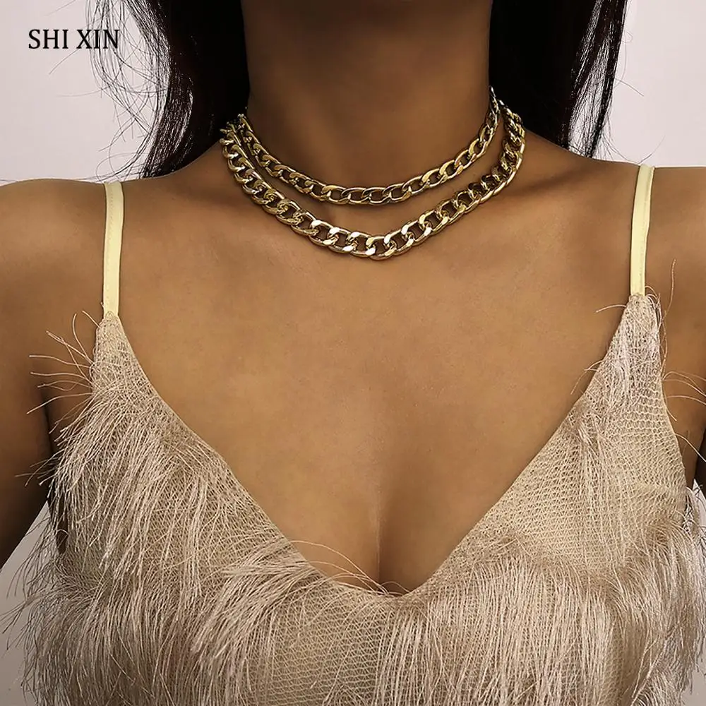 SHIXIN, 2 слоя, разделяемая простая цепочка, ожерелье для женщин, панк, золотой цвет, короткое колье, ожерелье s, женское колье, Femme
