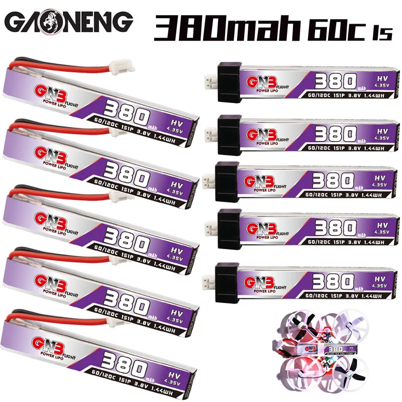 5PCS GAONENG GNB 380mAh 1S 3.8V 60C PH2.0 Plug 4.35V Lipo Battery for UK65 US65 Happymodel Mobula7 Snapper BetaFPV 65S Drones