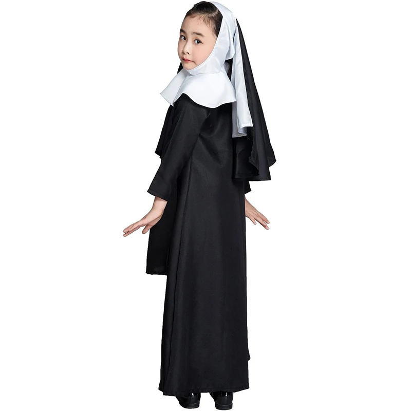 Костюм Монахини на Хэллоуин для девочек Черная шаль с капюшоном платье накидка