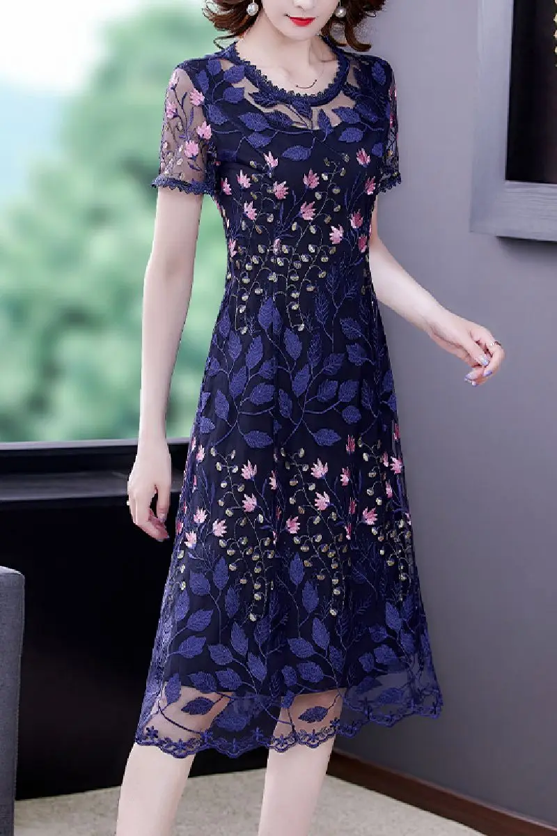 

COIGARSAM 4XL Plus Size Short Sleeve Women dress New Summer Mesh Dresses Blue 6585