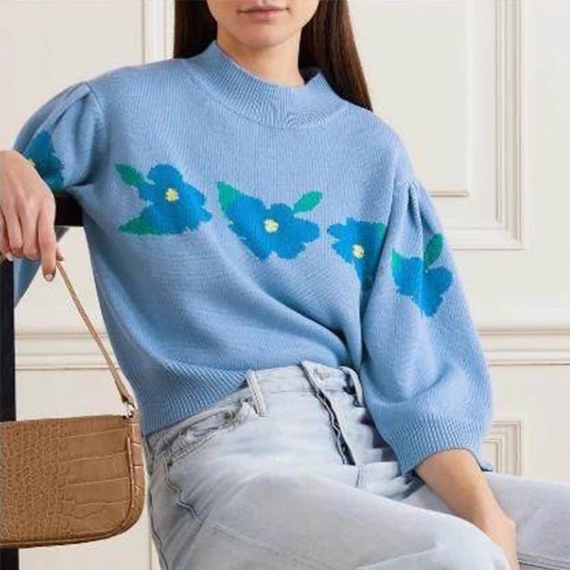 

Women Autumn Vintage French Style Floral Print Short Knitted Sweater Chic Lady Fashion Loose Cardigans Femme Loose Casual