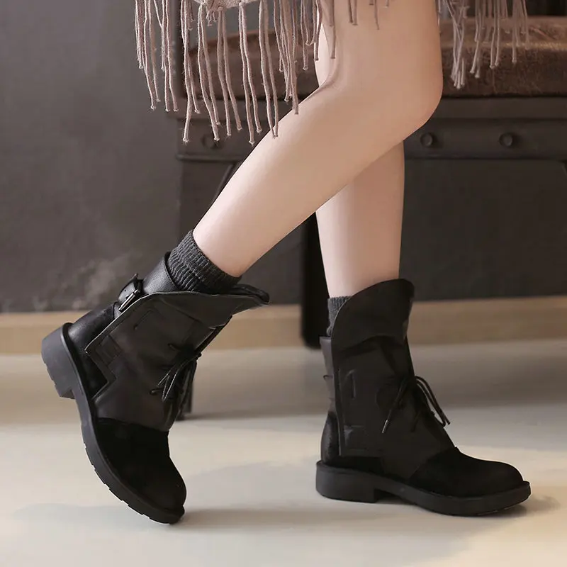 

Woman Ankle Boots Sheep Leather Black Booties Flat Shoes Woman Lace Up Autumn Winter Motorcycle Martin Botas Mujer