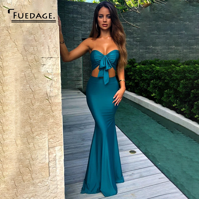 Fuedage Summer Sexy Two Pieces Set Women Backless Off Shoulder Bodycon 2 Piece Bow Tie Club Party Outfits | Женская одежда